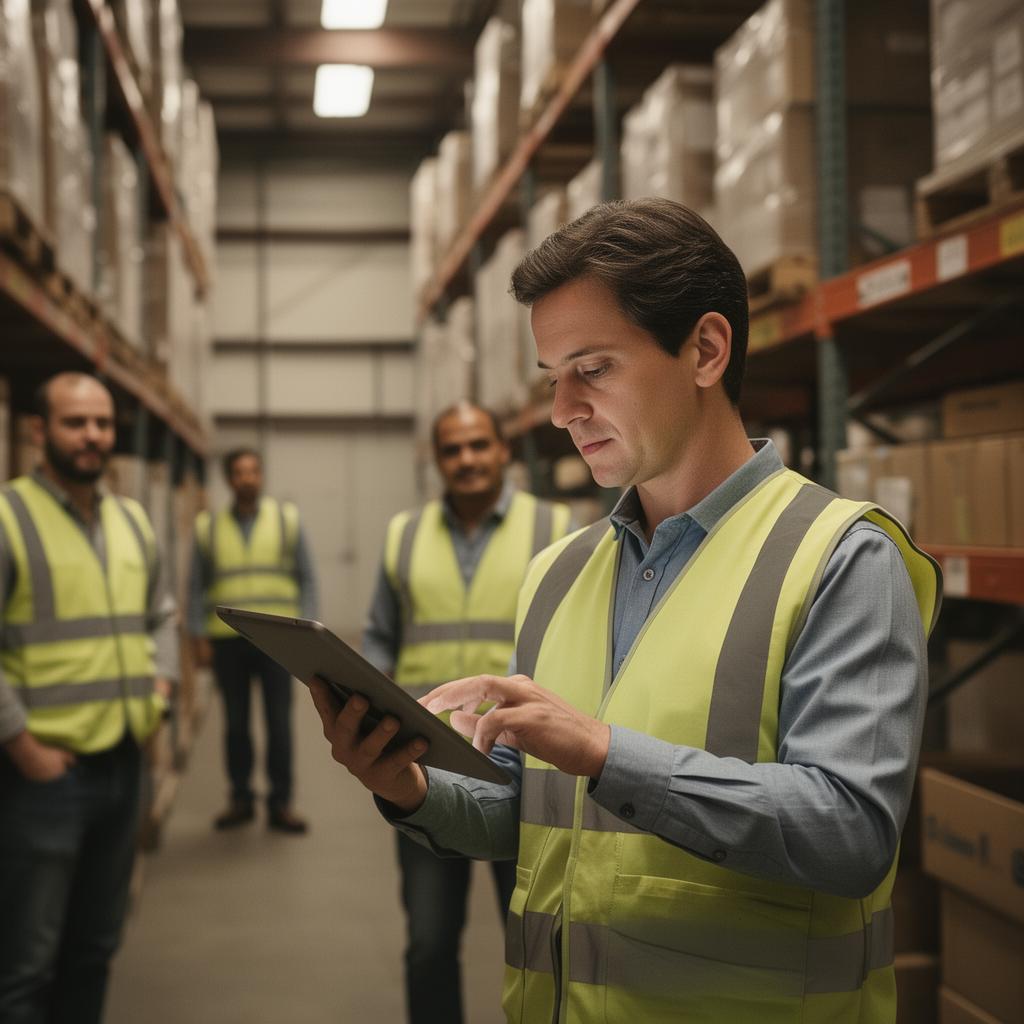 Staffing operator reviewing roster on a tablet in a warehouse