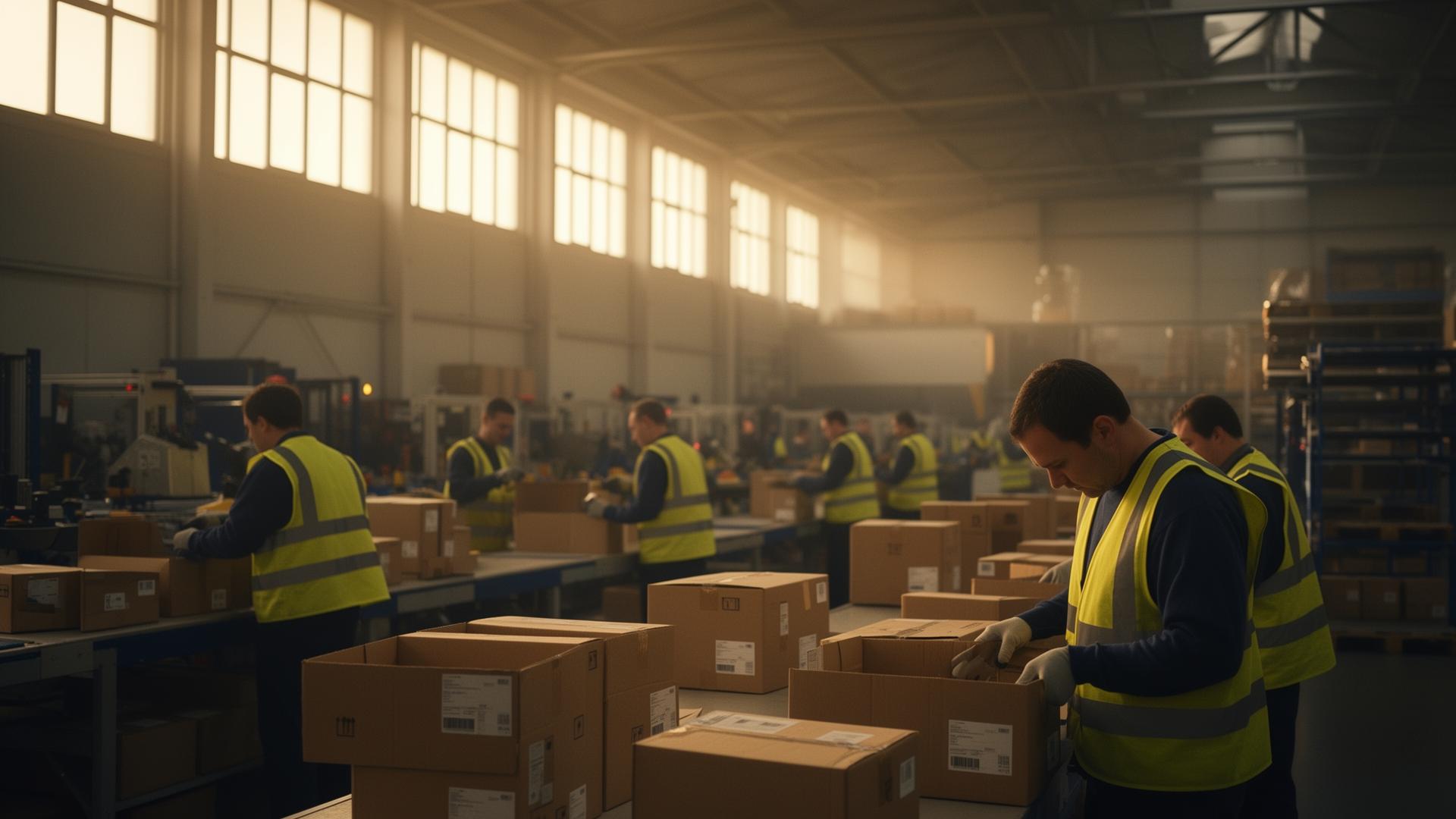 Light industrial warehouse operations at golden hour